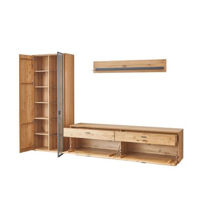 Geöffnetes Sideboard aus Holz mit herausgezogenen Schubladen, offenen Türen und sichtbarem Stauraum