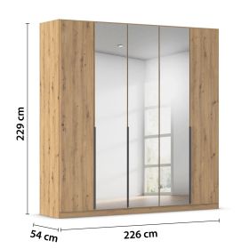 5-türiger Kleiderschrank in Eiche Artisan mit Spiegel und Maßangaben Breite 226 cm, Höhe 229 cm und Tiefe 54 cm