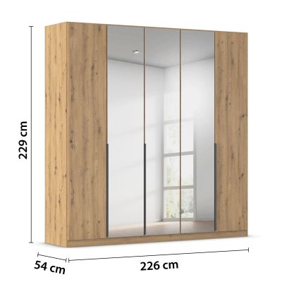 5-türiger Kleiderschrank in Eiche Artisan mit Spiegel und Maßangaben Breite 226 cm, Höhe 229 cm und Tiefe 54 cm