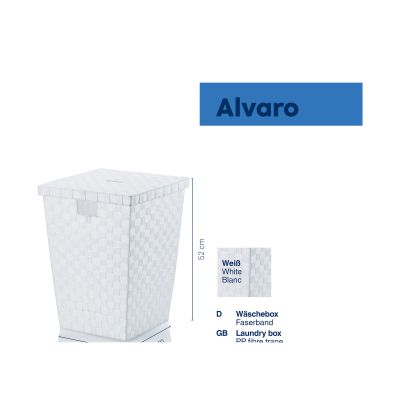 Weißer Aufbewahrungskorb mit Deckel neben Produktangaben zur Serie Alvaro