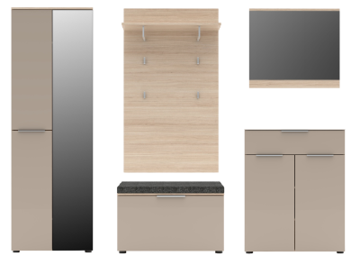 Frontalansicht eines Garderoben-Sets mit Hochschrank, Garderobenpaneel, Schuhbank, Wandspiegel und Kommode in hellem Holz und Beige.