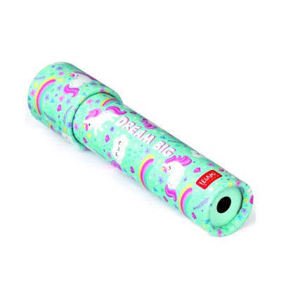 Mintfarbenes Kaleidoskop im Einhorn-Design, diagonal mit dem kleinen Okular zum Betrachter gezeigt.