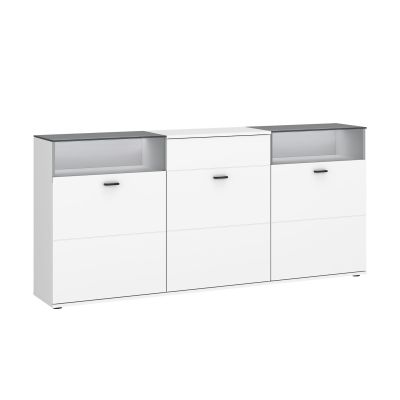 Modernes Sideboard Rion in Weiß mit drei Türen, offenen Glaseinsätzen und schwarzen Griffen für Wohn- und Esszimmer