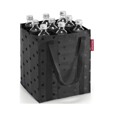 Flaschentasche von Reisenthel, Modell Bottlebag, in Schwarz mit glänzendem Punktemuster, schräg von vorn mit mehreren eingesetzten Getränkeflaschen.