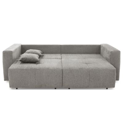 Graues Schlafsofa mit vollständig ausgezogener Liegefläche und zwei Kissen für die Schlaffunktion