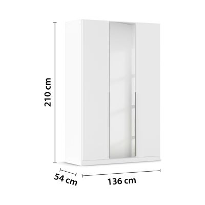 Weißer Kleiderschrank mit Spiegeltür und eingezeichneten Maßen von 210 cm Höhe, 136 cm Breite und 54 cm Tiefe