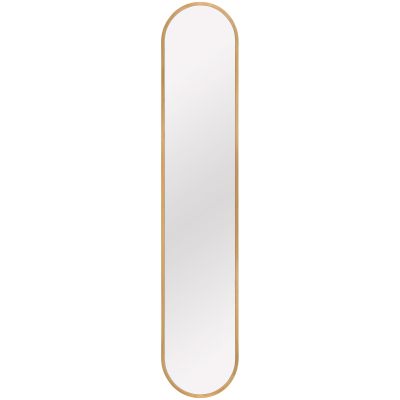Rahmenspiegel Moni in Gold, als Nahaufnahme des gerundeten oberen Spiegel- und Rahmenbereichs; erkennbar ist die schmale längliche Spiegelfläche mit abgerundetem oberen Abschluss; Maße ca. 20 x 101 x 2,5 cm.