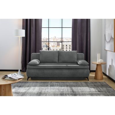 Funktionssofa in Grau, Stellmaß 205x91x97 cm, mit vier Kissen in Waffelcord Grau und schwarzen Metallfüßen, dargestellt in einem Wohnzimmer
