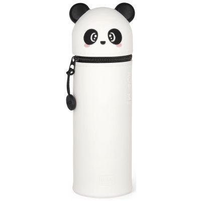 Weißes 2-in-1-Silikon-Federmäppchen im Panda-Design, geschlossen und aufrecht als Tierfigur dargestellt.