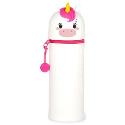 Weißes 2-in-1-Silikon-Federmäppchen im Einhorn-Design, geschlossen und aufrecht als Tierfigur dargestellt.