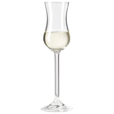 Schlankes Likörglas mit hellem Getränk auf weißem Hintergrund