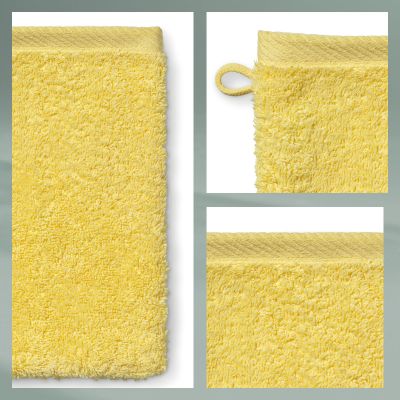 Collage mit Detailansichten von gelbem Waschhandschuh Aufhängeschlaufe Saum und Frottee Struktur