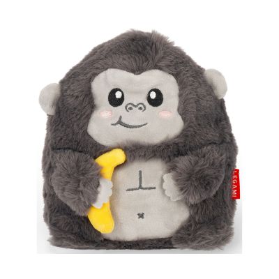 Graues Gorilla-Plüschtier mit gelber Banane, frontal auf weißem Hintergrund dargestellt.