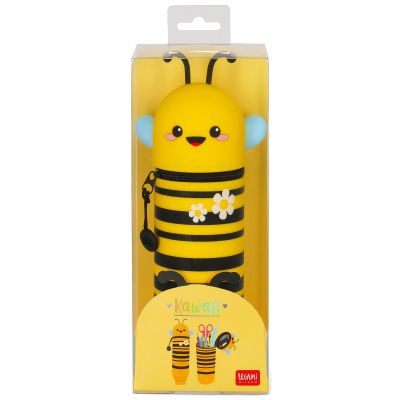 Gelb-schwarzes 2-in-1-Silikon-Federmäppchen im Bienen-Design, in einer gelben Fensterverpackung abgebildet.