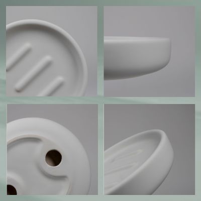 Collage mit Detailansichten von grauer Seifenschale Rillen Ablaufloch und abgerundeter Seitenform