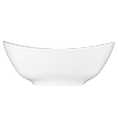 Schale in Weiß. oval mit geschwungenen Seiten und flachem Fuß. Ansicht: Seitenansicht.