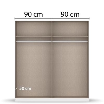 Innenansicht eines 4-türigen Kleiderschranks mit zwei Bereichen, Einlegeböden und Kleiderstangen, jeweils 90 cm breit