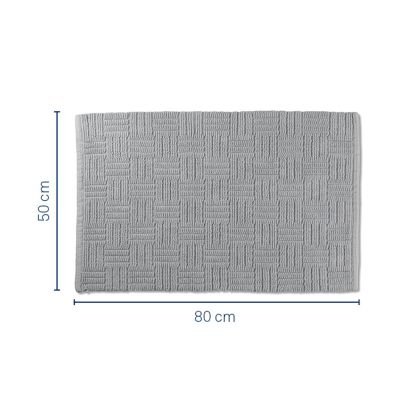 Graue Darstellung der Leana-Badematte mit eingezeichneten Maßen von 50 cm Breite und 80 cm Länge.