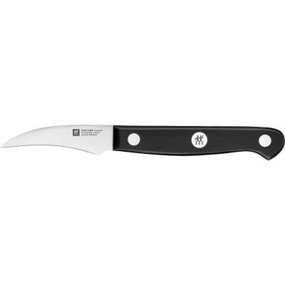 Kleines Schälmesser mit kurzer Klinge, Serie Gourmet von ZWILLING, Klingenlänge 60 mm, freigestellt auf weißem Hintergrund.