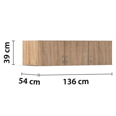 Dreitüriges Aufsatzelement in Holzdekor mit silberfarbenen Griffen, gerade von vorne gesehen, auf weißem Hintergrund