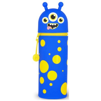 Blaues 2-in-1-Silikon-Federmäppchen im Monster-Design, geschlossen und aufrecht als Tierfigur dargestellt.
