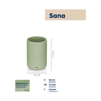 Informationsgrafik mit pistaziengrünem Becher Sano und ergänzenden Angaben zu den Produkteigenschaften