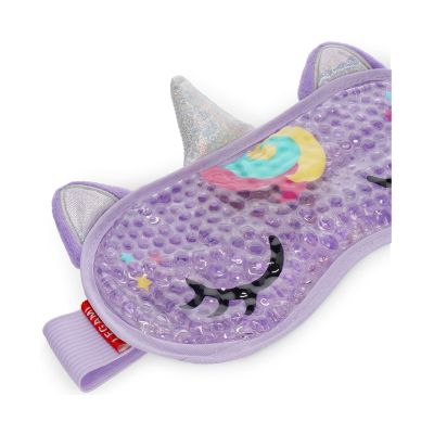Lila Gel-Augenmaske im Einhorn-Design, schräg von vorn mit glänzender Geloberfläche dargestellt.