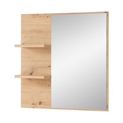Rechteckiger Wandspiegel mit einer Holzrückwand auf der linken Seite und zwei kleinen waagerechten Ablagen.