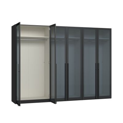 Drehtürenschrank mit geöffneter linker Glastür und Innenansicht mit Kleiderstange