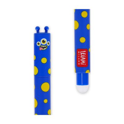 Detailansicht der blauen Monsterkappe und des gepunkteten Stiftendes mit Radierereinsatz auf weißem Hintergrund.