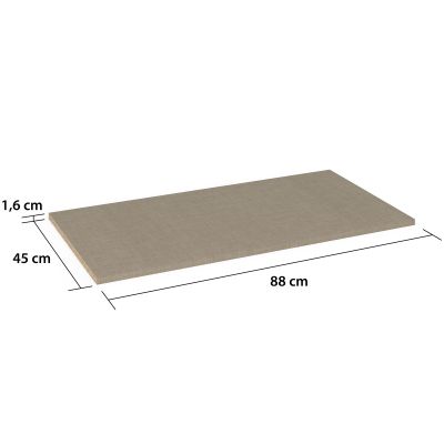 Einlegeboden in Holzoptik mit eingezeichneten Maßen Breite 88 cm, Tiefe 45 cm und Stärke 1,6 cm
