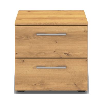 Nachttisch in Eicheoptik mit zwei Schubladen und silberfarbenen Griffen in geradlinigem Design
