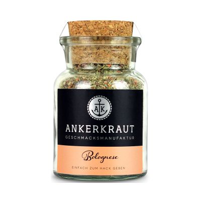 Ankerkraut Bolognese in einem kleinen Glas mit Korkverschluss. Vorn ist ein schwarzes Etikett mit orangefarbenem Namensfeld zu sehen.