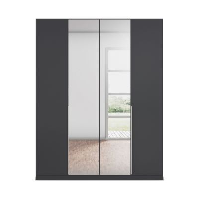 Frontansicht eines grau-metallicen 4-türigen Kleiderschranks mit durchgehender Spiegelfläche und minimalistischem Design