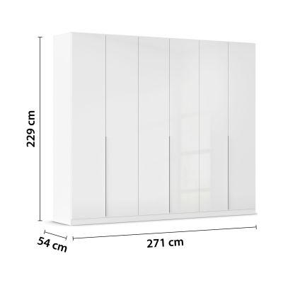Weißer Drehtürenschrank in Hochglanz mit drei Türen und den Maßen 271 cm Breite, 229 cm Höhe und 54 cm Tiefe