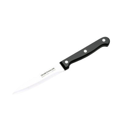 Allzweckmesser Küchenchef: schmales Allzweckmesser mit heller Klinge und schwarzem dreifach vernietetem Griff, diagonal freigestellt.