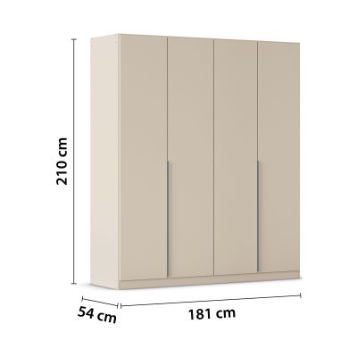 Champagnerfarbener Kleiderschrank mit vier Türen und eingezeichneten Maßen von 210 cm Höhe, 181 cm Breite und 54 cm Tiefe