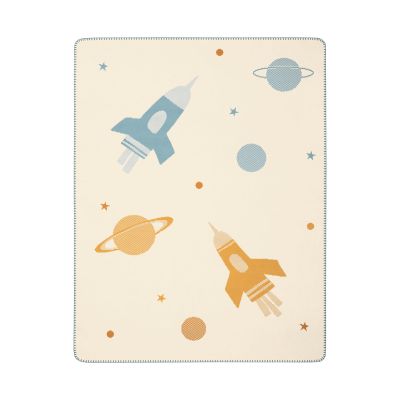 Babydecke Orbit in Creme mit blauen und orangefarbenen Raketen, Planeten und kleinen Sternen.