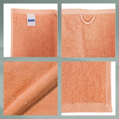 Vier Nahaufnahmen des Duschtuchs mit Textiletikett Aufhängeschlaufe umgeschlagener Ecke und strukturierter Webkante