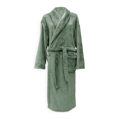 Cara Bademantel in Olive Green, Größe S: langer Bademantel aus einfarbigem, flauschig wirkendem Stoff, mit Schalkragen, Bindegürtel und Taschen in Ganzansicht.