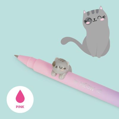 Rosa Gelstift mit Katzenaufsatz, in Nahaufnahme mit Schreibspitze und Tieraufsatz gezeigt.