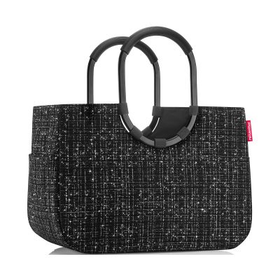 Shopper mit Ringgriffen von Reisenthel, Modell Loopshopper L, in Schwarz mit Bouclé-Struktur, frontal mit zwei ovalen Ringgriffen