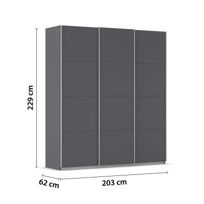 Grau-Metallicer Kleiderschrank mit eingezeichneten Maßen Höhe 229 cm Breite 203 cm Tiefe 62 cm