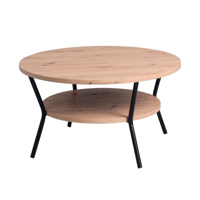 Runder Couchtisch mit heller Holzplatte und passendem Ablageboden, getragen von schräg gestellten schwarzen Metallbeinen