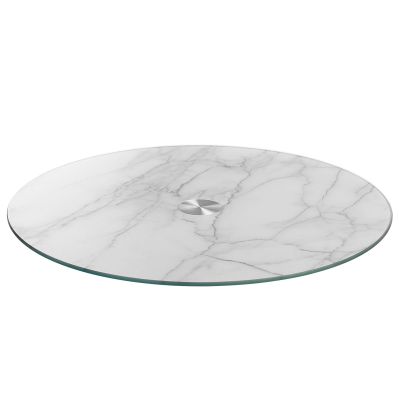 Runde Servierplatte aus Glas mit weißer Marmoroptik freigestellt