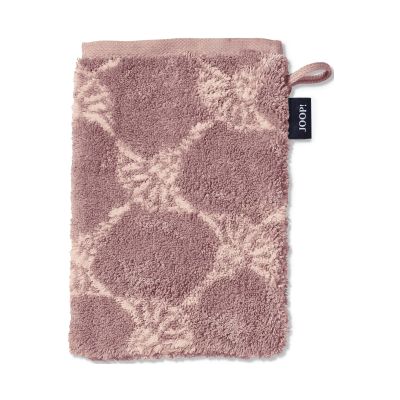 Roséfarbener JOOP! Cornflower Waschhandschuh, 16 × 22 cm, frontal dargestellt mit wiederholtem Cornflower-Muster; Schlaufe und schwarzes JOOP!-Etikett sind seitlich sichtbar.