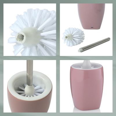 Collage mit Detailansichten von Toilettenbürste Bürstenkopf silberfarbenem Griff und rosa Halter