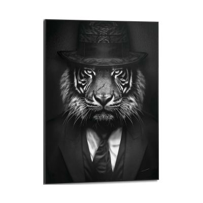 Frontansicht des Wandbilds „Tiger Lord“ in Schwarz-Weiß, Größe 50 × 70 cm; das vollständige Motiv ist zu sehen.