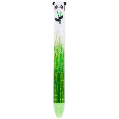 Grüner Zweifarben-Kugelschreiber im Panda-Design, senkrecht und vollständig auf weißem Hintergrund dargestellt.