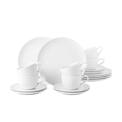 Kaffeeservice in Weiß; runde Teller, Tassen und Untertassen gemeinsam angeordnet. Ansicht: zusammengestellte Ansicht.